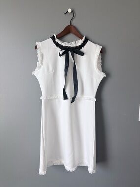 Sleeveless White Shift Dress with Black Ribbon Tie